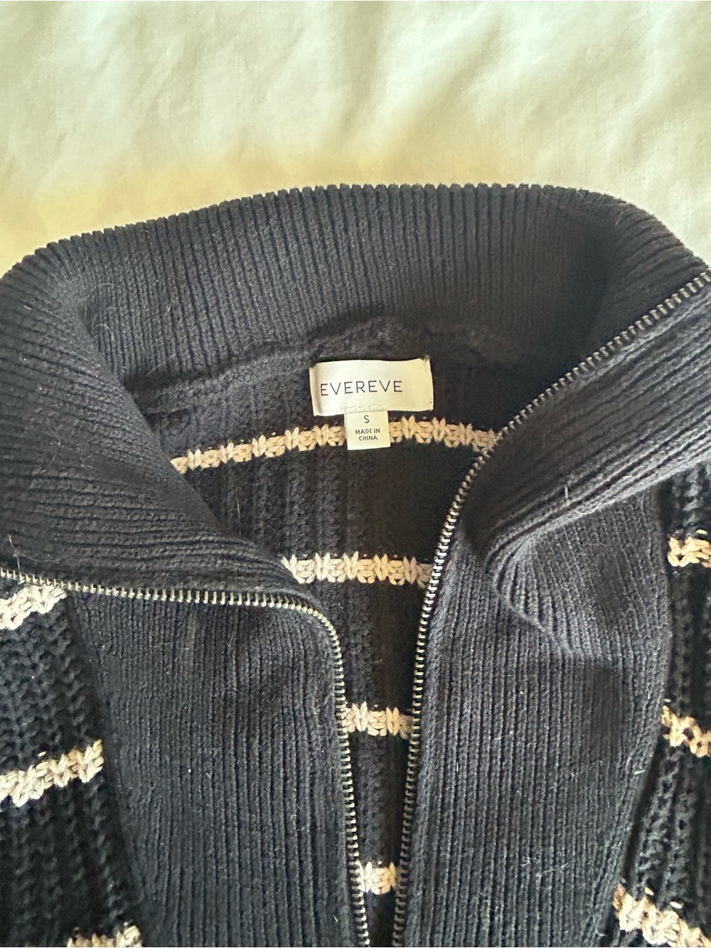 Evereve Women’s Black and Cream Striped Quarter-Zip Sweater - Picture 2 of 3